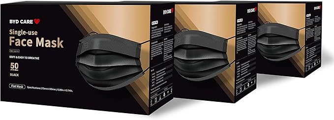 BYD CARE 3-Ply Disposable Face Mask, 50 pcs,Black