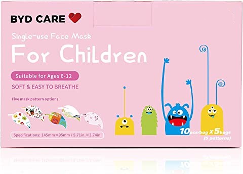 BYD CARE Kids 3-Ply Disposable Face Mask – Cartoon Design, 50 pcs