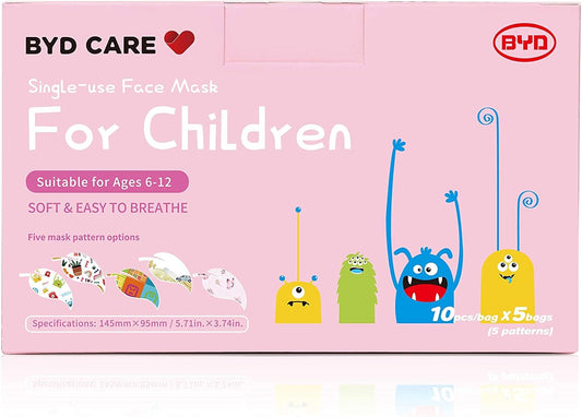 BYD CARE Kids 3-Ply Disposable Face Mask – Cartoon Design, 50 pcs