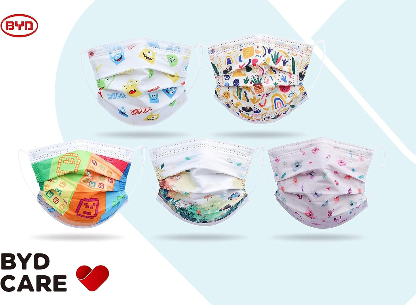 BYD CARE Kids 3-Ply Disposable Face Mask – Cartoon Design, 50 pcs